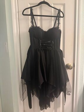 Black Lace-Trim Handkerchief Hem Cocktail Dress